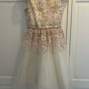 Girls Floral Embroidered Ivory & Pink Dress